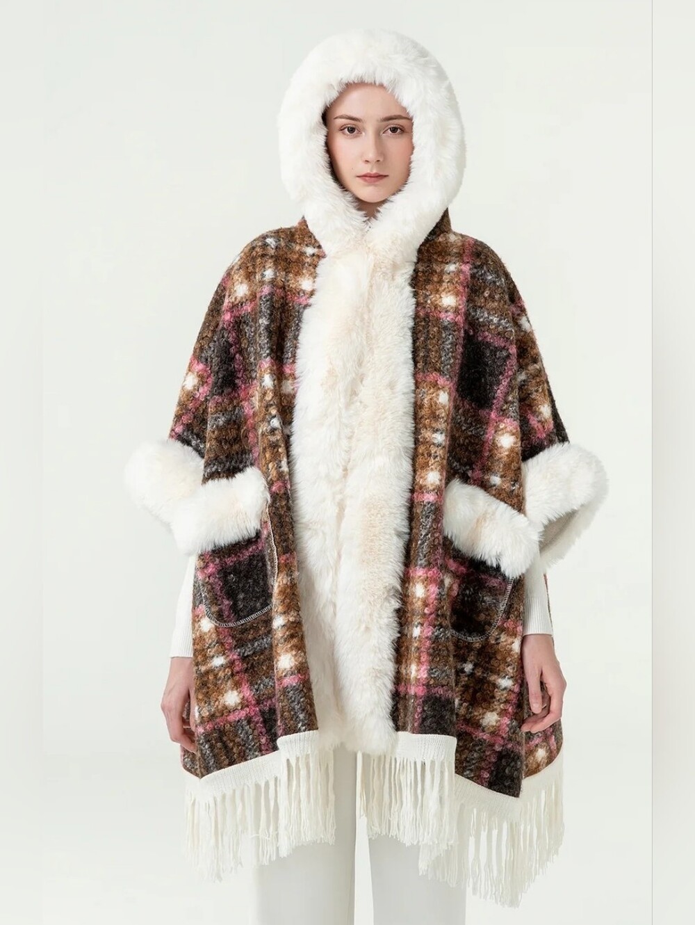 Klesis Plaid Fringe Faux Fur Hooded Poncho Multicolor Size O/S - Picture 12 of 13